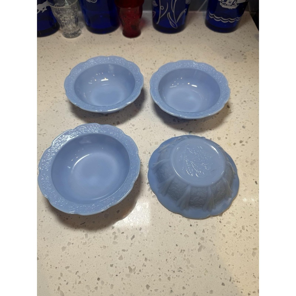 SET OF 4 Jeannette Cherry Blossom Delphite Blue 4 3/4" Bowls Depression Glass